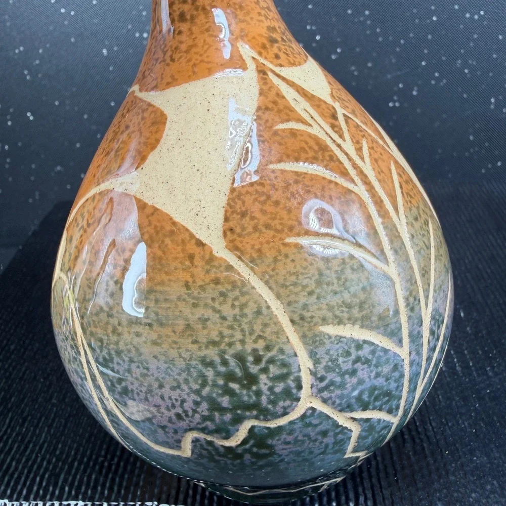 Frazer Signed Sgraffito Hummingbird Art Pottery Vase Ochre Green Purple 6 Inch